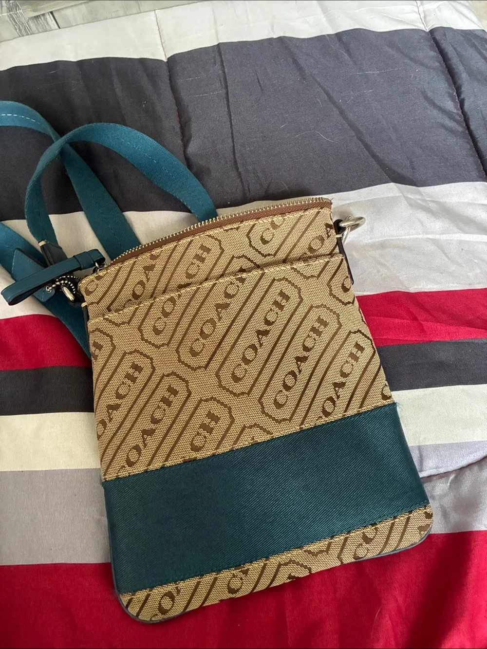 Coach Tan and Teal Signature Crossbody Messenger